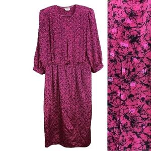 Vtg Luci Fellini 80s Embroidered Print Pleated Cocktail Dress Pink Black Size 12